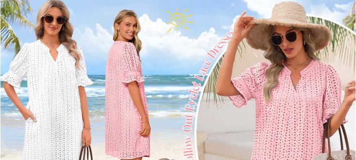 MEROKEETY Women's 2025 Summer Short Sleeve Mini Dress V Neck Ruffle Hollow Out Eyelet Lace Dresses