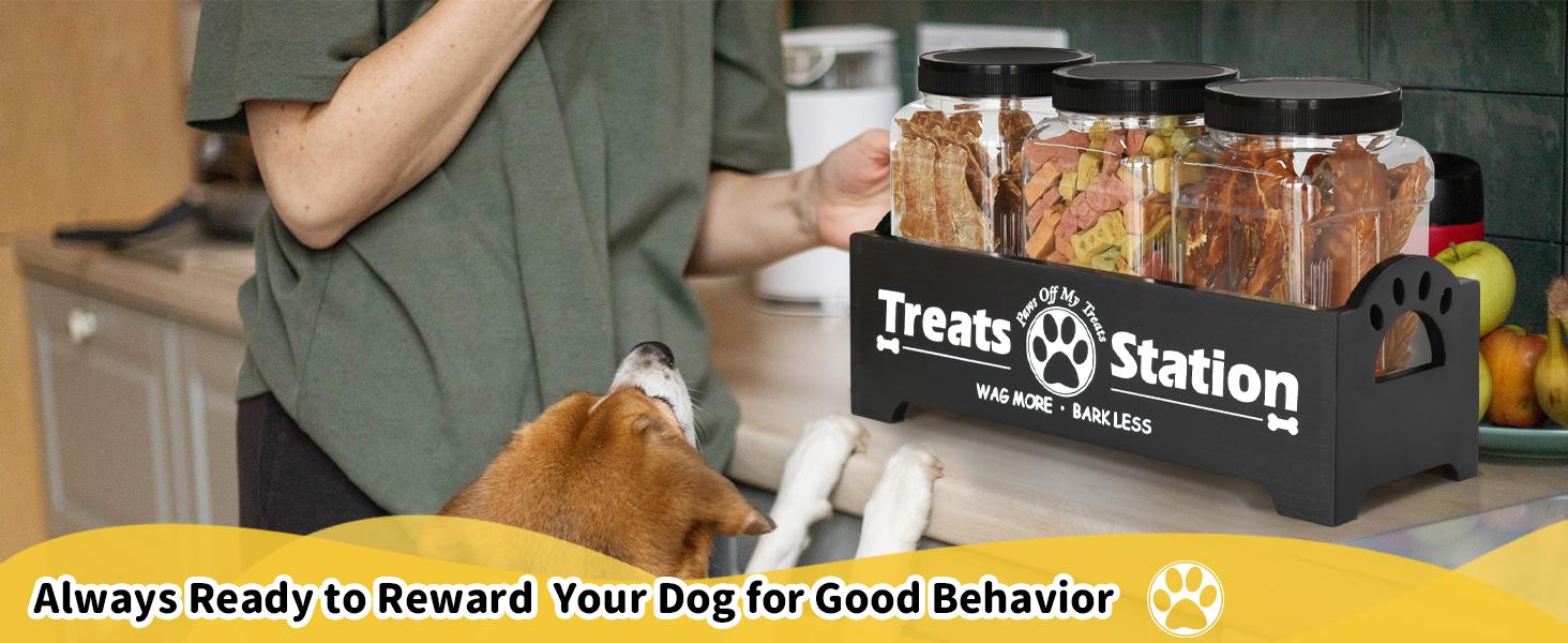 Dog Treat Container Dog Food Storage Container for Countertop, Cat Food Storage Container with 3 Plastic Dog Treat Jar, Dog Food Storage Container for Dog and Cat, Black Wooden Dog Food Container