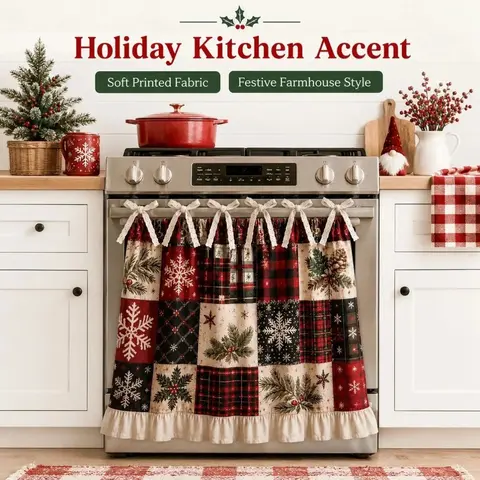 Antibacterial Christmas Patchwork Ruffled Oven Curtain - Snowflake Plaid Tie-On Appliances Cover, Farmhouse Holiday Short Curtain for Oven, Dishwasher, Festive Home Decor for Warm Family Atmosphere