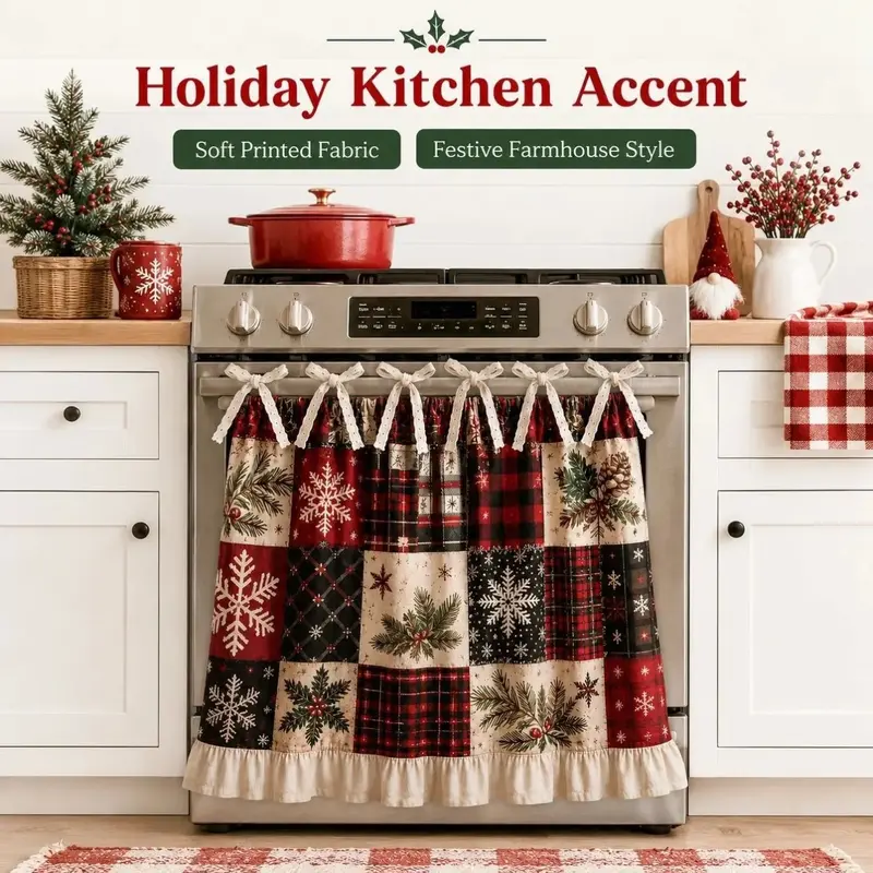 Antibacterial Christmas Patchwork Ruffled Oven Curtain - Snowflake Plaid Tie-On Appliances Cover, Farmhouse Holiday Short Curtain for Oven, Dishwasher, Festive Home Decor for Warm Family Atmosphere