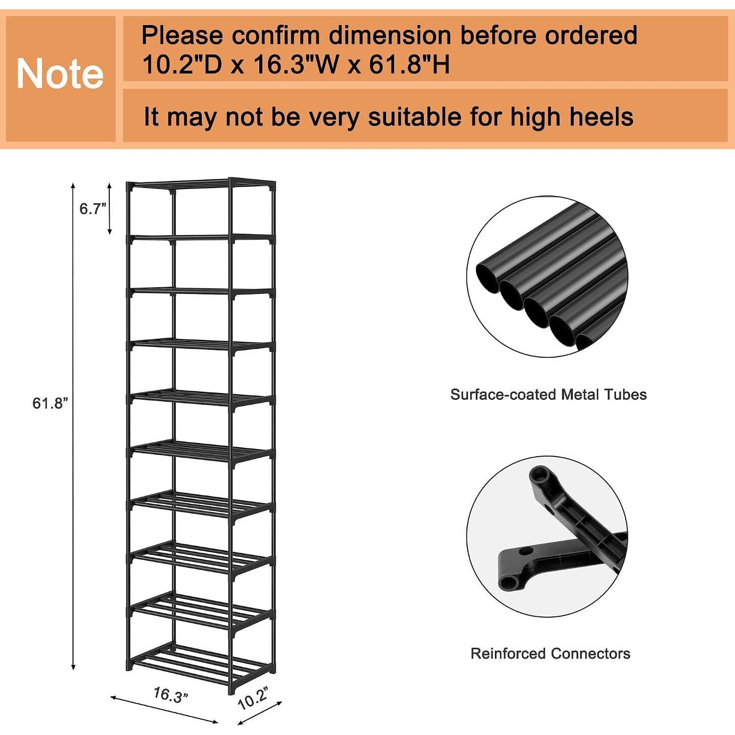 10 Tier Tall Shoe Rack (16.3" Wide), Narrow Lightweight Shelf | Compact Vertical Shoe Stand, Small Space Saving for Closet Floor, Dorm Storage Organizer, Front Door Entrance, Entryway