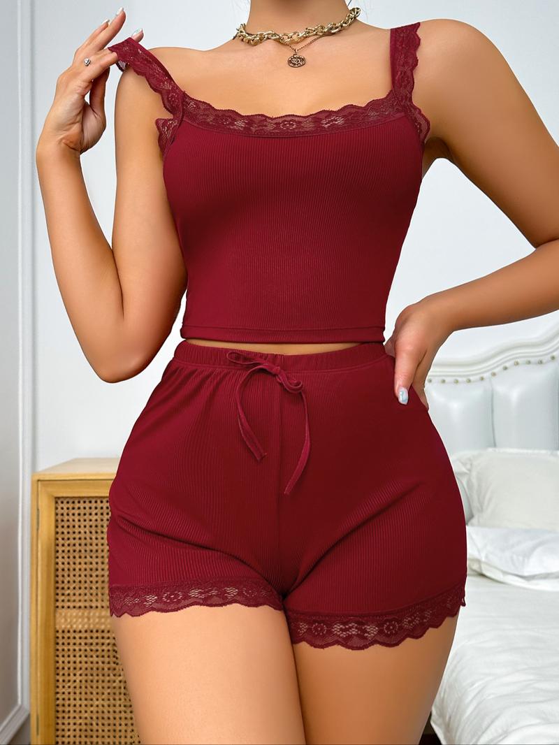 Women's 2pcs Contrast Lace Crop Cami Top & Elastic Waist Shorts Pyjama Set, Backless Sleeveless Top & Tie Front Shorts PJ Set, Summer Sleepwear for Women