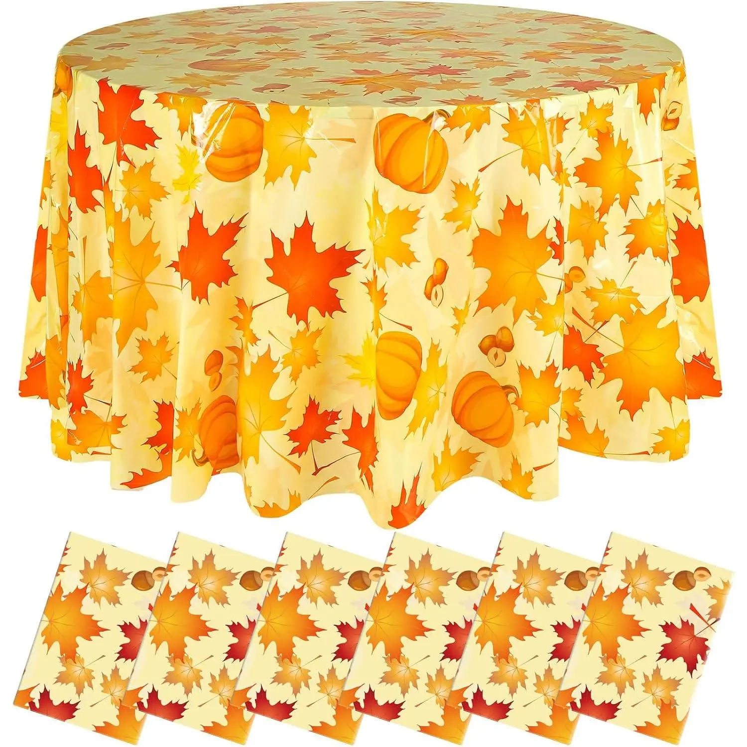 LemonRoad 6 Pcs Fall Plastic Round Tablecloth for Thanksgiving| 84 Inch, Maple Leaves Pumpkin Acorn, Thanksgiving Disposable Table Cover, Autumn Circular Table Cloth for Harvest Party Decor