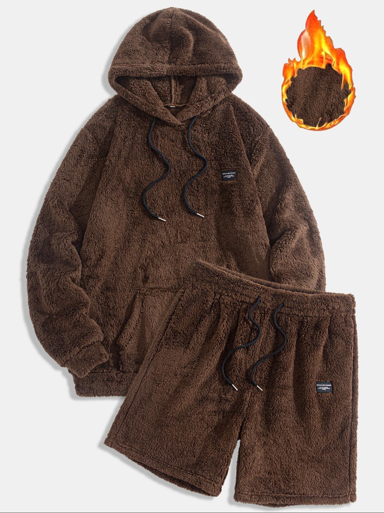 Men's Thermal Hoodie & Drawstring Waist Short Set, Hooded Sweatshirt Set, Casual Fashion Cozy Breathable Two-piece Outfits for Daily Outdoor Wear, Men Clothes for Spring & Fall