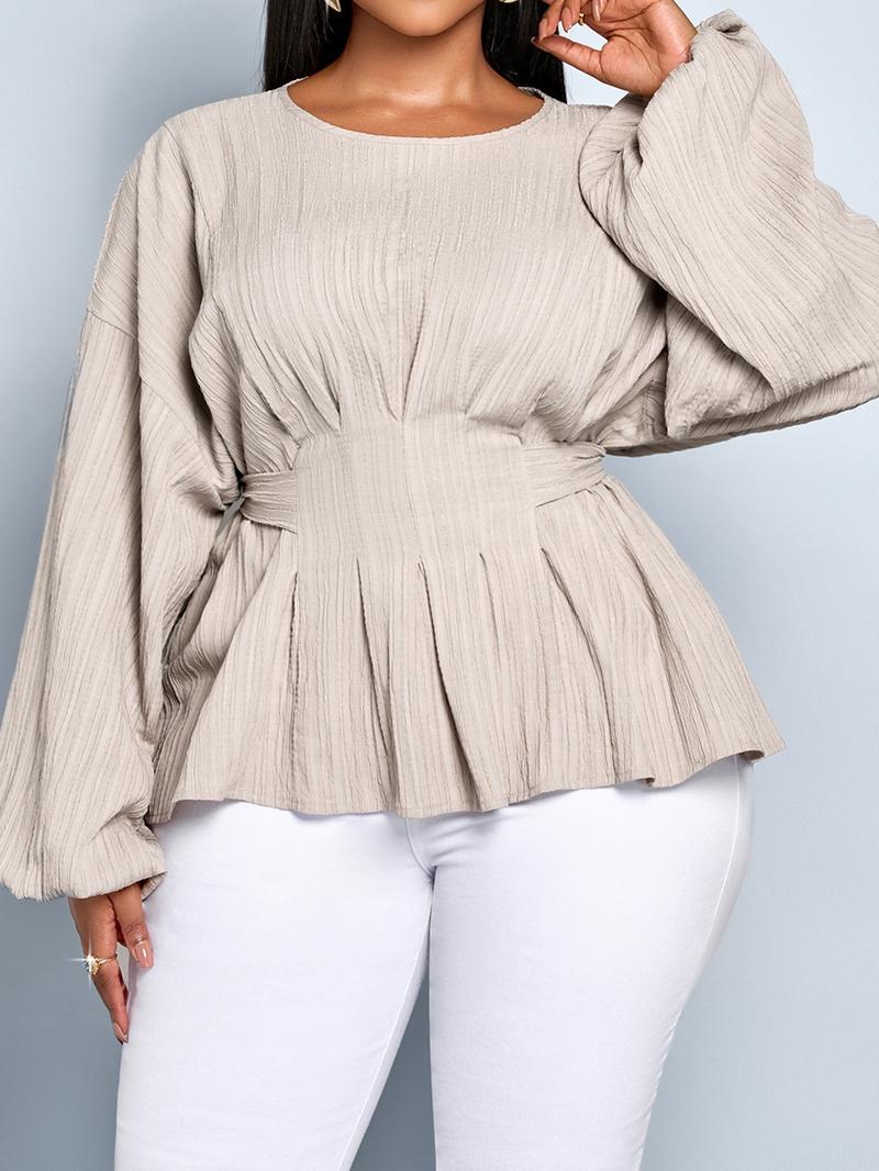 Women's Casual Long Sleeve Shirt Top, Fall & Winter Fitted Plain Bow Design, Large Size Round Neck Back Tie Knot Blouse