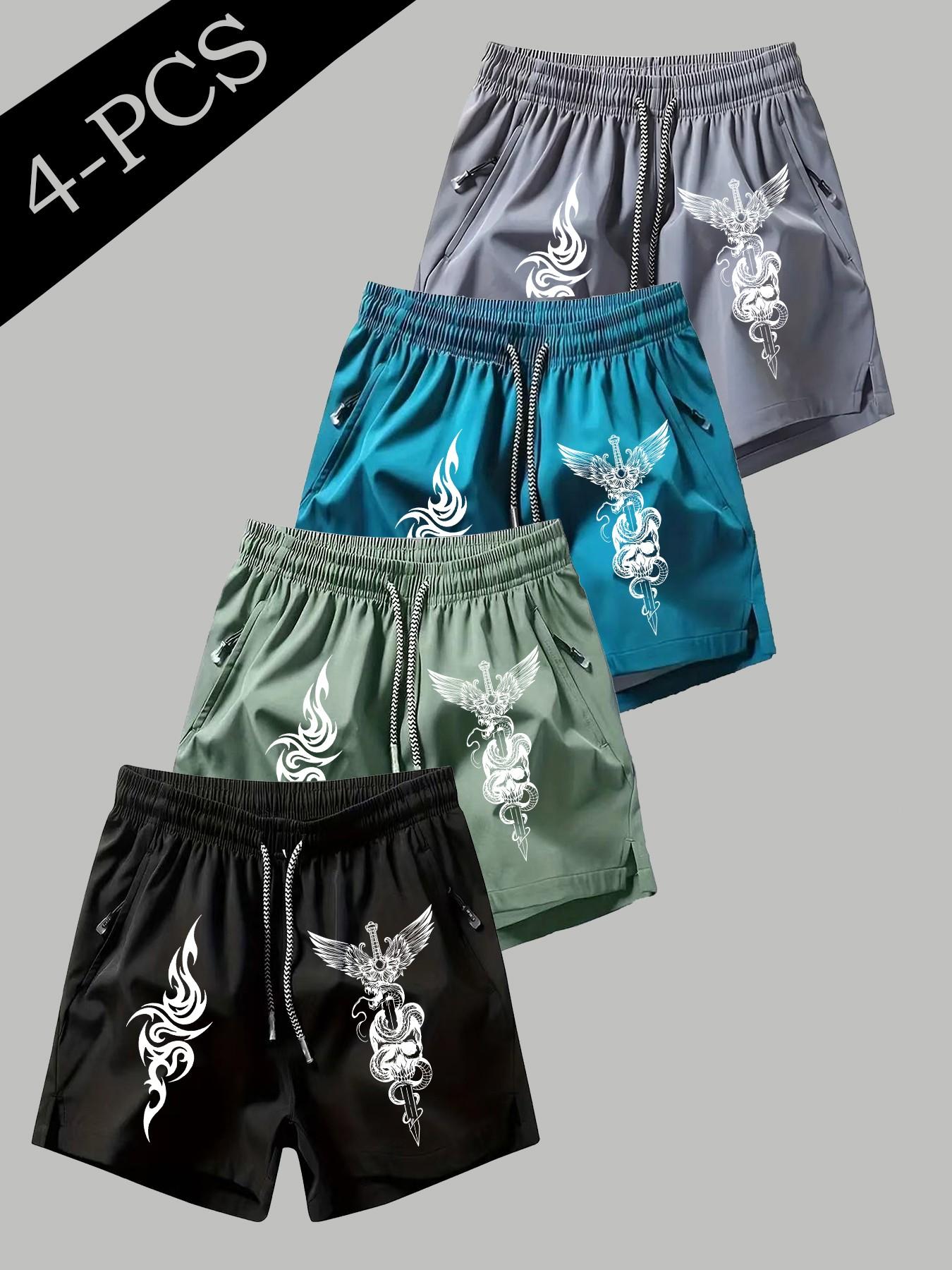 4 Pcs Men's Skull Snake Print Shorts, Drawstring Waist, Zip Pocket, Breathable Lightweight, Sporty Slim Fit, All Seasons