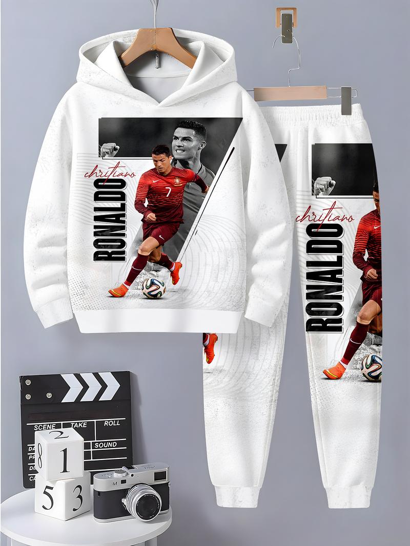Boy's CR7 Football Themed Sweatsuit with Soccer Number Prints, Hooded Sweatshirt and Pants, Casual Outfit for Spring & Fall Boy's CR7 Football Themed Sweatsuit with Soccer Number Prints, Hooded Sweatshirt and Pants, Casual Outfit for Spring & Fall