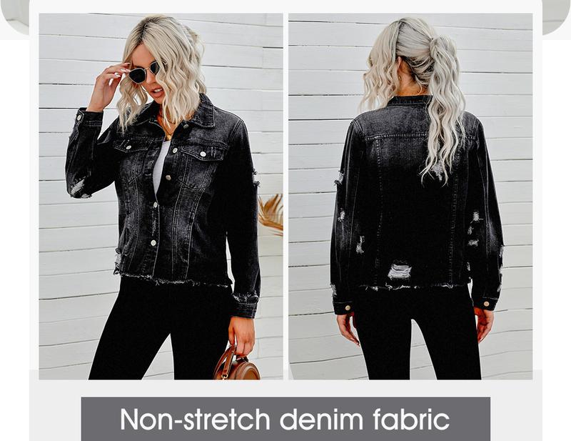 EVALESS Women's Casual Short Jean Jackets Non Stretch Distressed Ripped Boyfriend Washed Coats Lapel Long Sleeve Denim Jacket Outwear Tops 2026 Womenswear Spring Winter Outfits