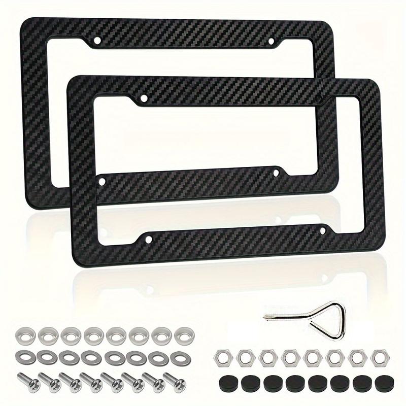 2PCS Carbon Fiber License Plate Frame Set - Stylish Black Finish, SecureFit Mounting For Front & Rear, Rust-resistant, With Noise-Canceling Rattle Proof Pads And Premium Screw Caps, U. S. Area License Plate Frame