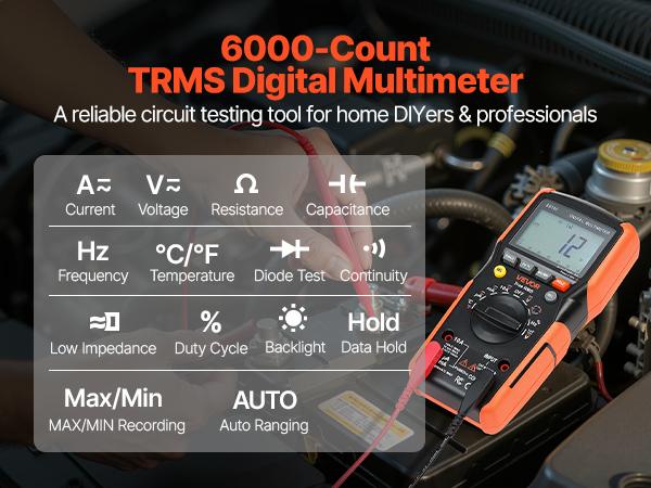 VEVOR Digital Multimeter, 6000-Count TRMS DC/AC Voltmeter Current Tester, Auto-Ranging Multimeter for Current Voltage Resistance Capacitance Temperature Diodes Continuity Low Impedance Measurment