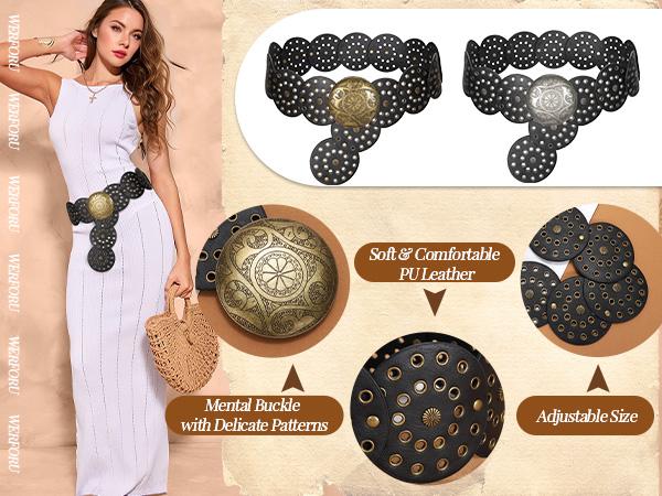 SUOSDEY chunky belt vibes Western Belts for Women Vintage Disc Waist Belts Concho Leather Belts Boho Waist Belt for Dress Jeans