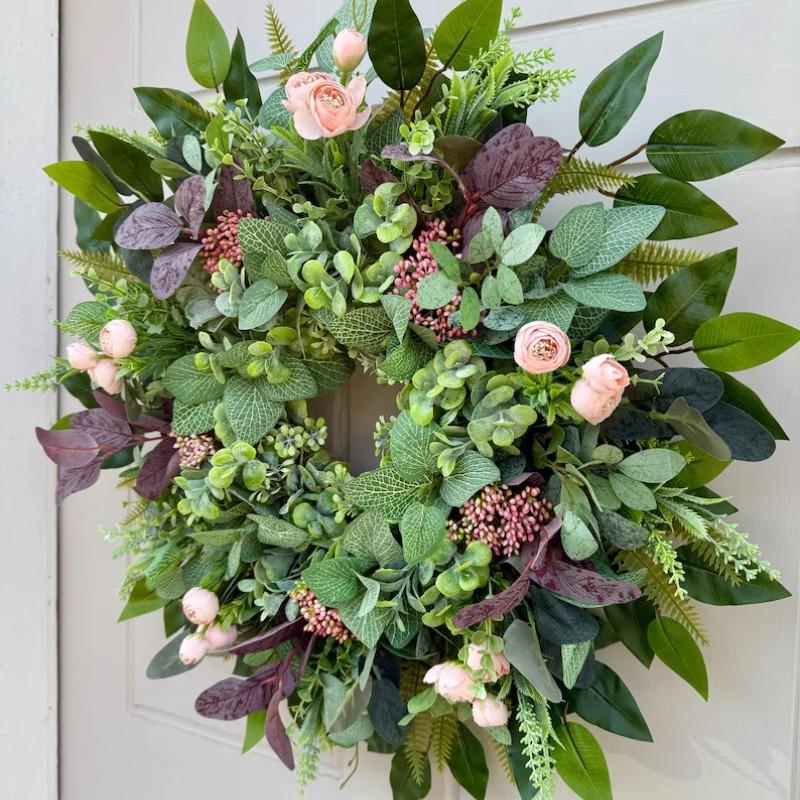 Summer Greenery Wreath with Berries and Fern Leaves, Handmade Farmhouse Door Wreath, Indoor Outdoor Wall Window Decor, All-Season Hanging Decoration