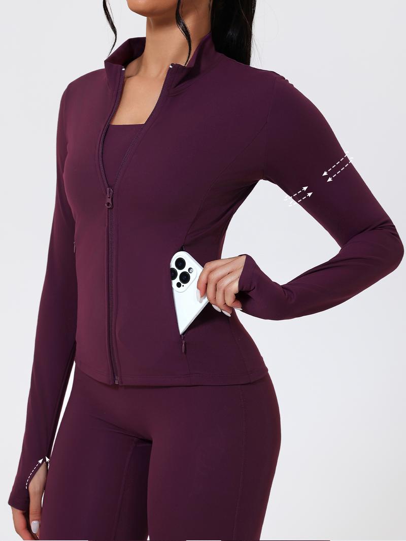 Women's Stand Collar Zipper Yoga Jacket, Windproof Slim Fit Long Sleeve Running Outerwear, Pockets Design, Polyester Spandex Fabric Only Jacket,jackets for women, Sports Yoga Jacket