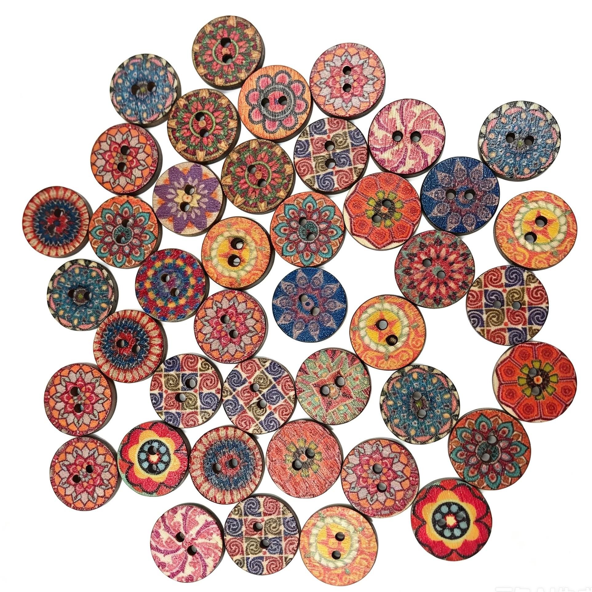 Bohemian Wood Buttons 50pcs, Vintage Floral Print, Handmade DIY Crafts, Home Decor, Jewelry Making, Scrapbooking, Wall Art