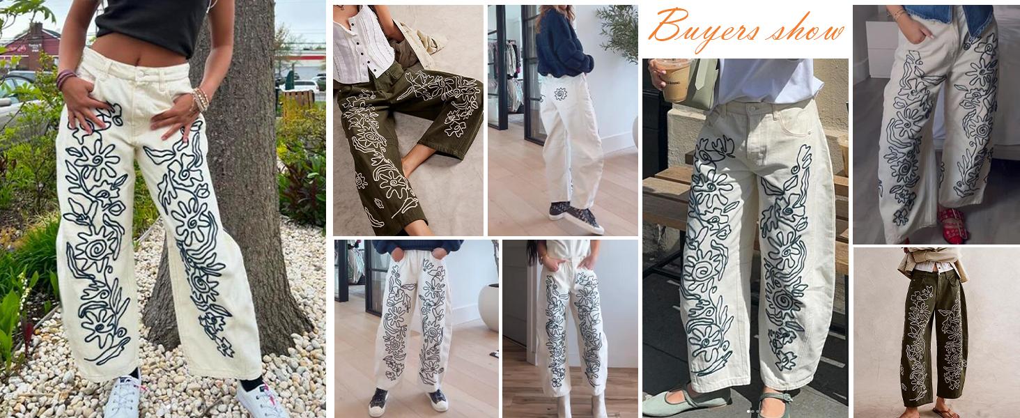 Kedera Embroidered Jeans for Women 2025 Baggy Boyfriend Jeans Barrel Leg Horseshoe Jeans Women Vintage Mid Rise Jeans