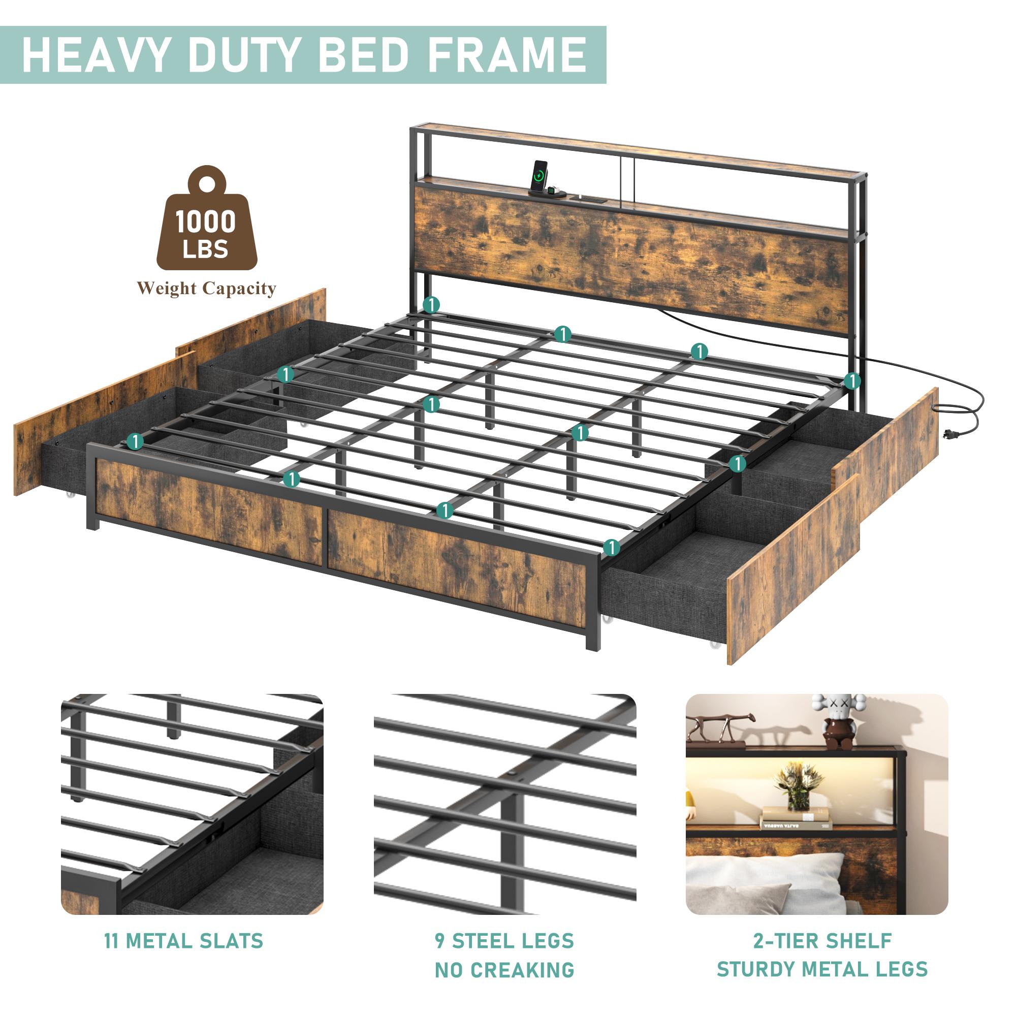 Full/Queen/King Bed Frame with Storage Drawers - Led Lights and Charging Station Metal Bed Frame with Headboard, No Box Spring Platform Bed Frame Wood, Vintage Brown/Brown/Rustic Brown