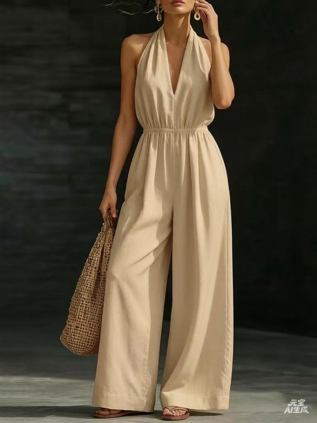 Women's V-Neck Halter Backless One-Piece Dress, Elegant Design, Fashionable Office Wear, French Style, Perfect for Daily Use