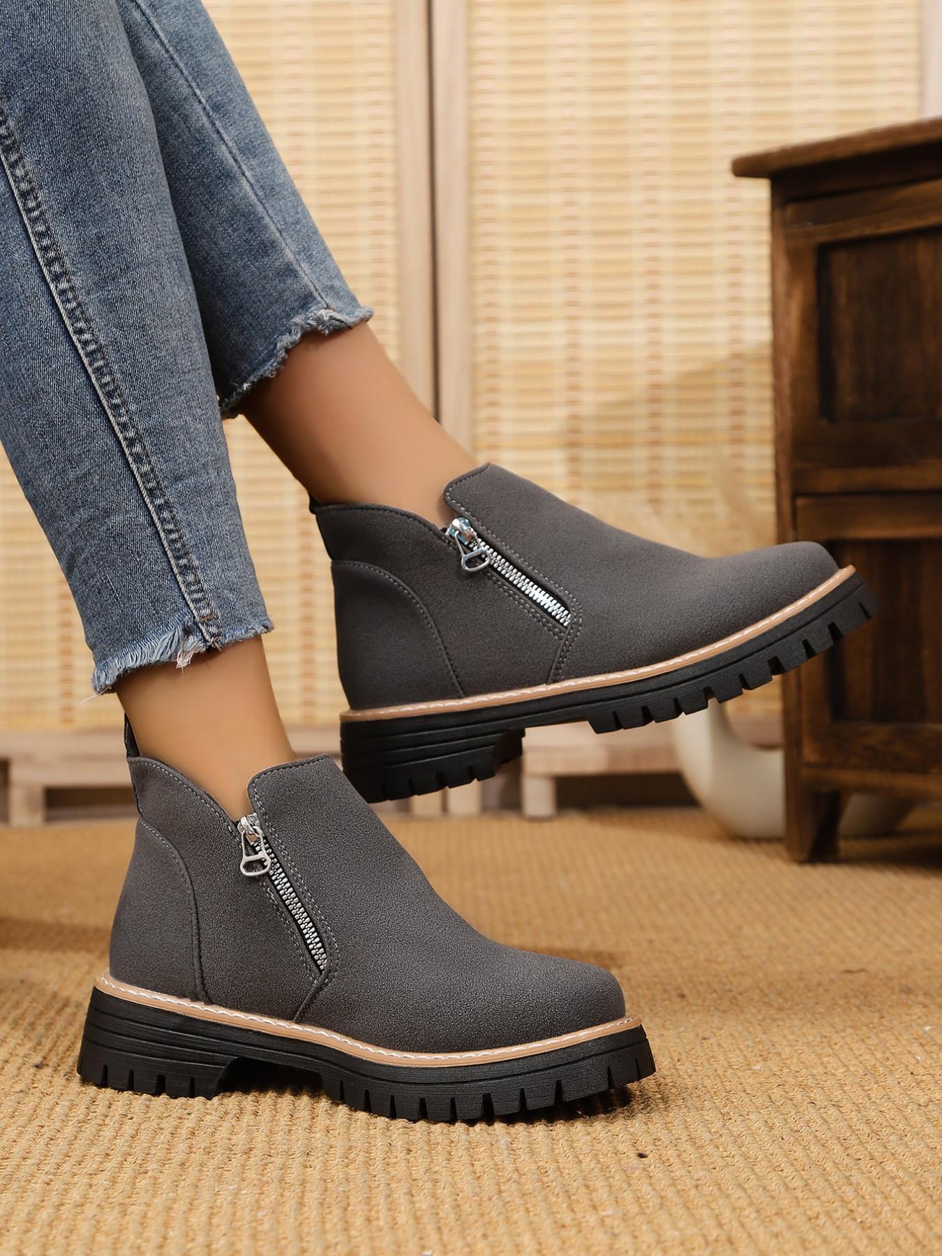 Women's Vintage Textured Thick Sole Chelsea Boots, Side Zipper Easy On/off, Height-Boosting Round Toe Short Boots, Anti-Slip Comfortable Outerwear