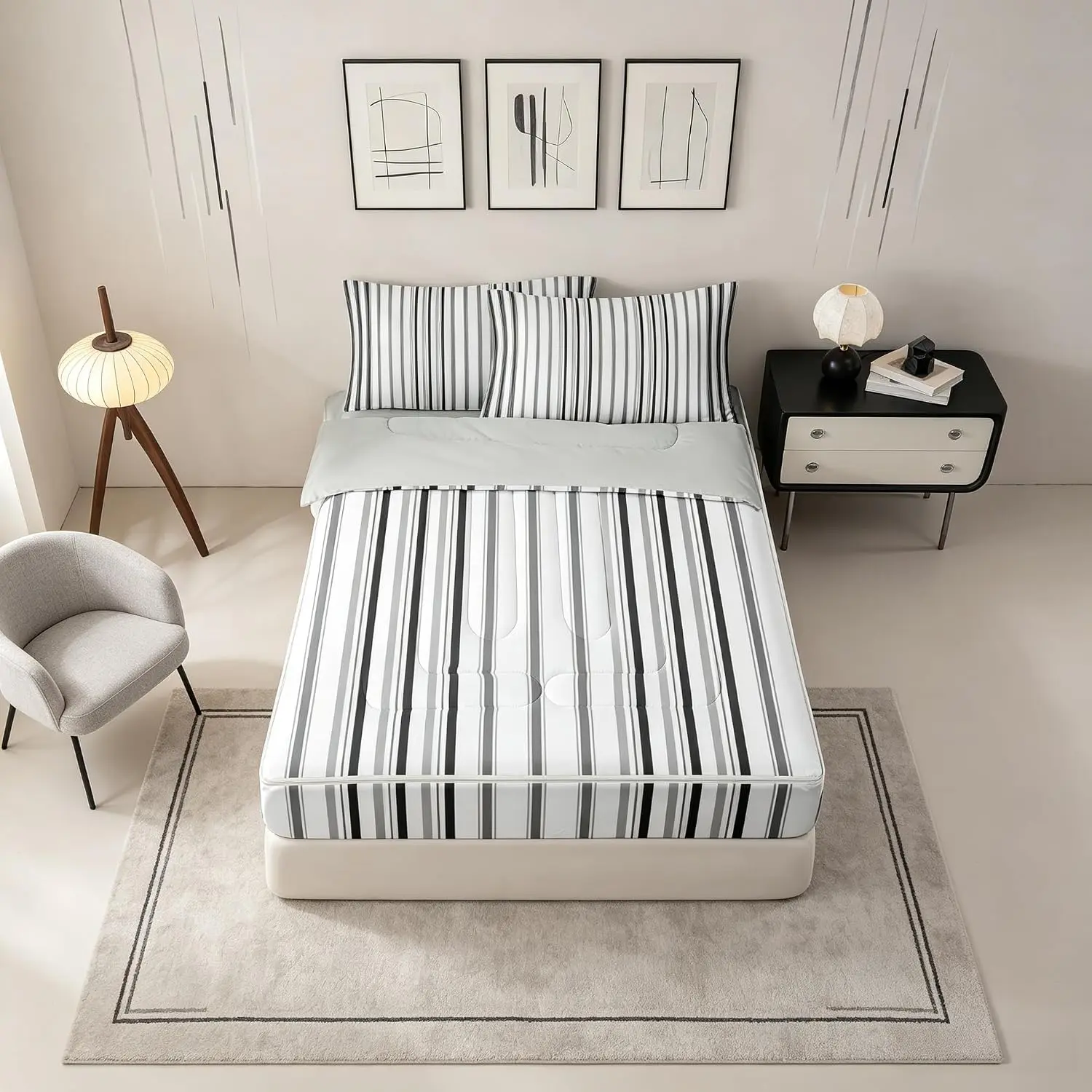 Erosebridal Geometric Stripe Zipper Bedding Set Twin Gray White Black Lines Comforter with Sheets, Pillowcases for Adults Teens Simple Striped Bed in a Bag Trendy Geometric Zippered Bedding Room Decor