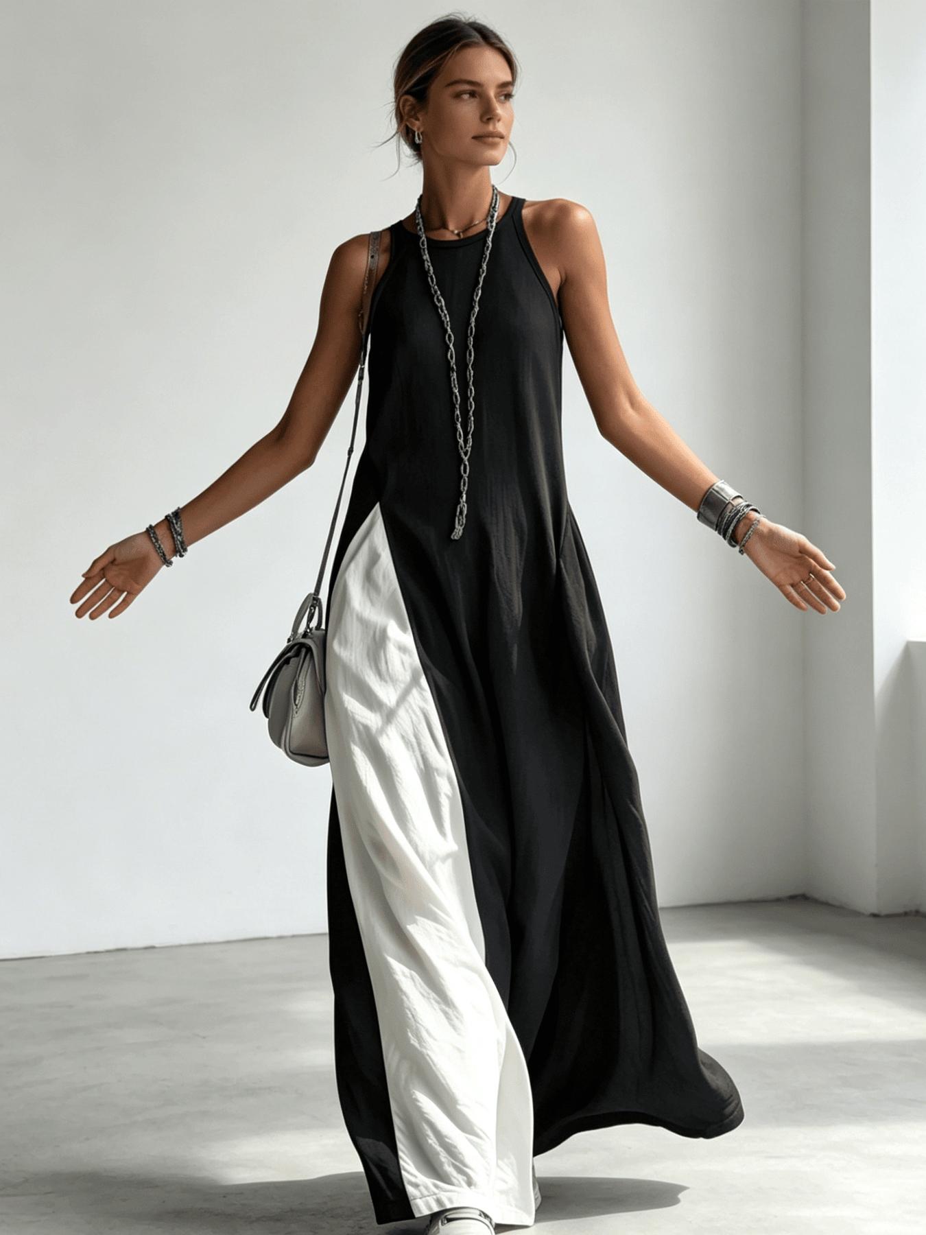 A women's color-blocking dress, Casual Beach Dress, Beach Resort Wear, with sleeveless vest, draping and flesh-concealing long skirt, suitable for summer, beach vacation, exploring shops, attending exhibitions, dating, and enjoying afternoon tea