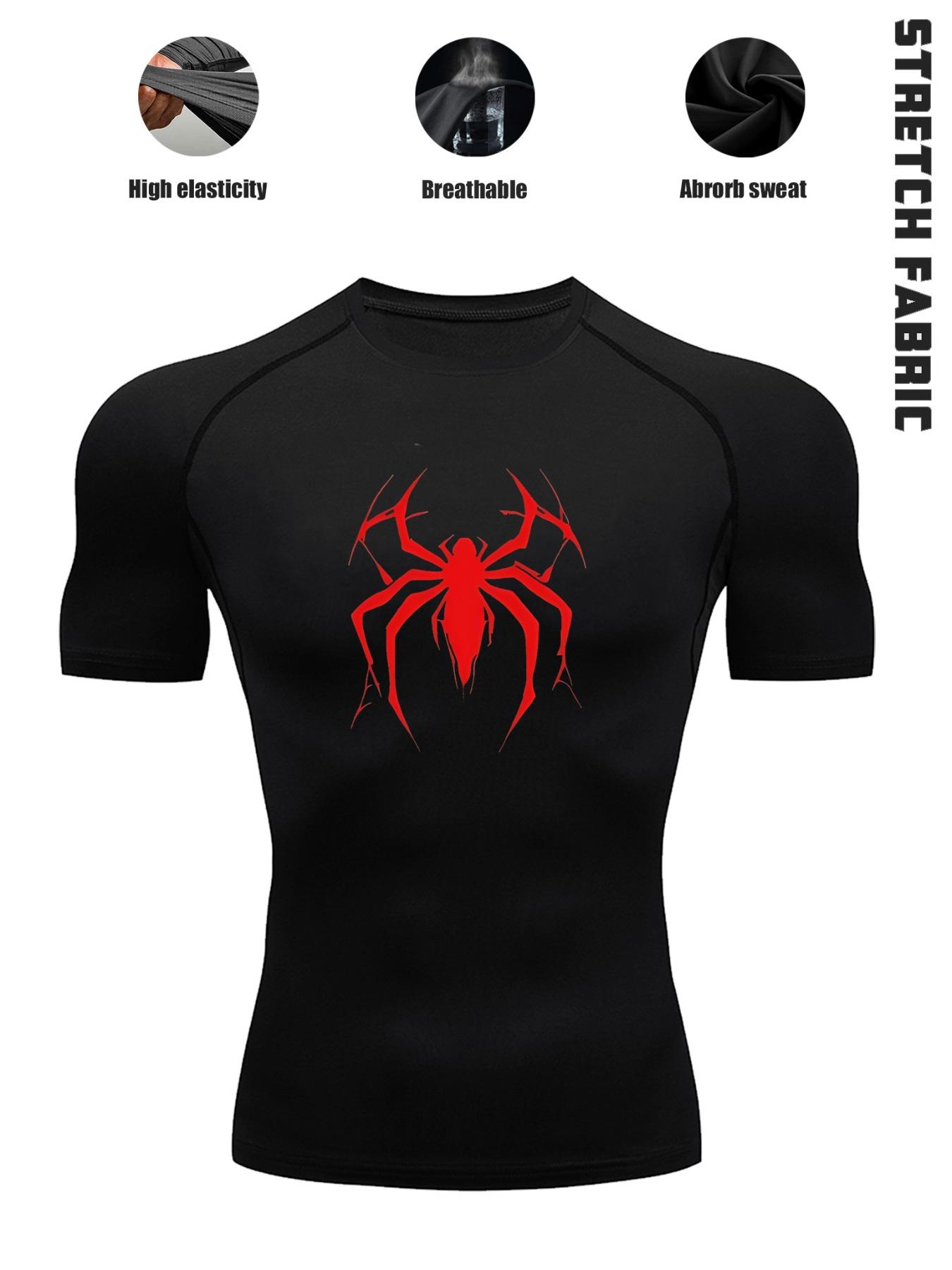 1-Pack Men's Quick Dry Compression T-Shirt with Spider Print, High Stretch Breathable Athletic Base Layer Tee, Moisture Wicking Performance Shirt for Gym, Fitness, Running, Daily Active Wear, Workout Clothes