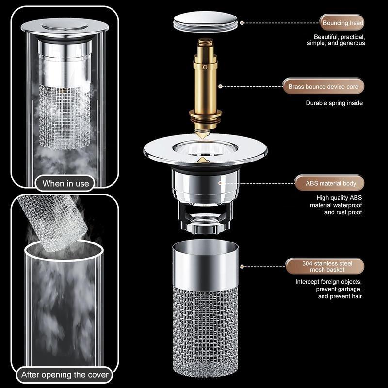 Bathroom Sink Stopper Hair Catcher, Universal Pop Up Sink Drain Filter with Stainless Steel Filter Basket, Bathroom Sink Drain Strainer