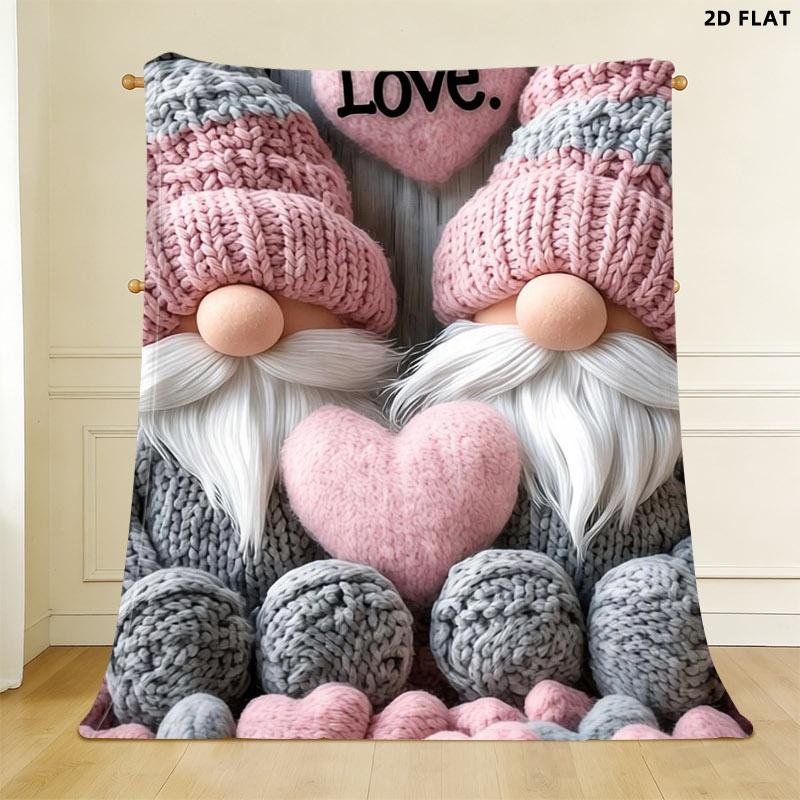 Cozy Love-themed Knitted Gnome Throw Blanket, Single-sided Printed, Multiple Specifications Available, Perfect for Napping & Relaxing, Soft Flannel Material, Ideal for Adults, Adds Warmth & Charm to Home, Office & Travel