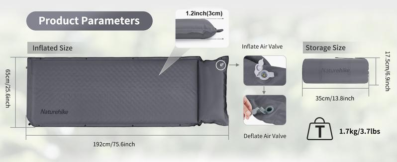 Naturehike Self-Inflating Sleeping Pad with/without Pillow, Ultra-Light, Waterproof Camping Mattress for Backpacking, Connectable for Multi-Person Use portable inflatable FathersDayGift