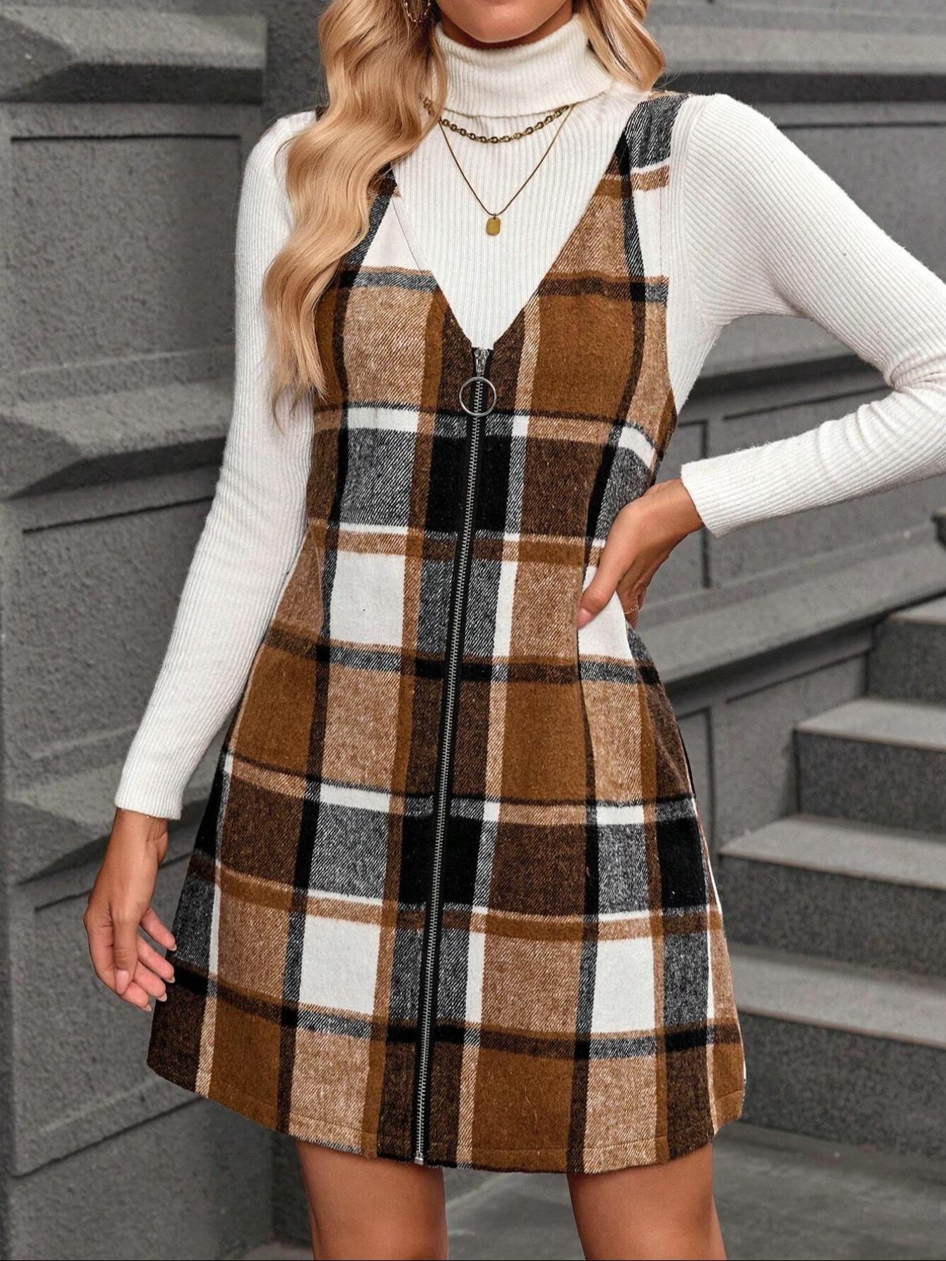 Women's Plaid V-Neck Zipper Sleeveless Dress, Fall Winter Fashion, Casual Style, Perfect for Daily Wear and Special Occasions