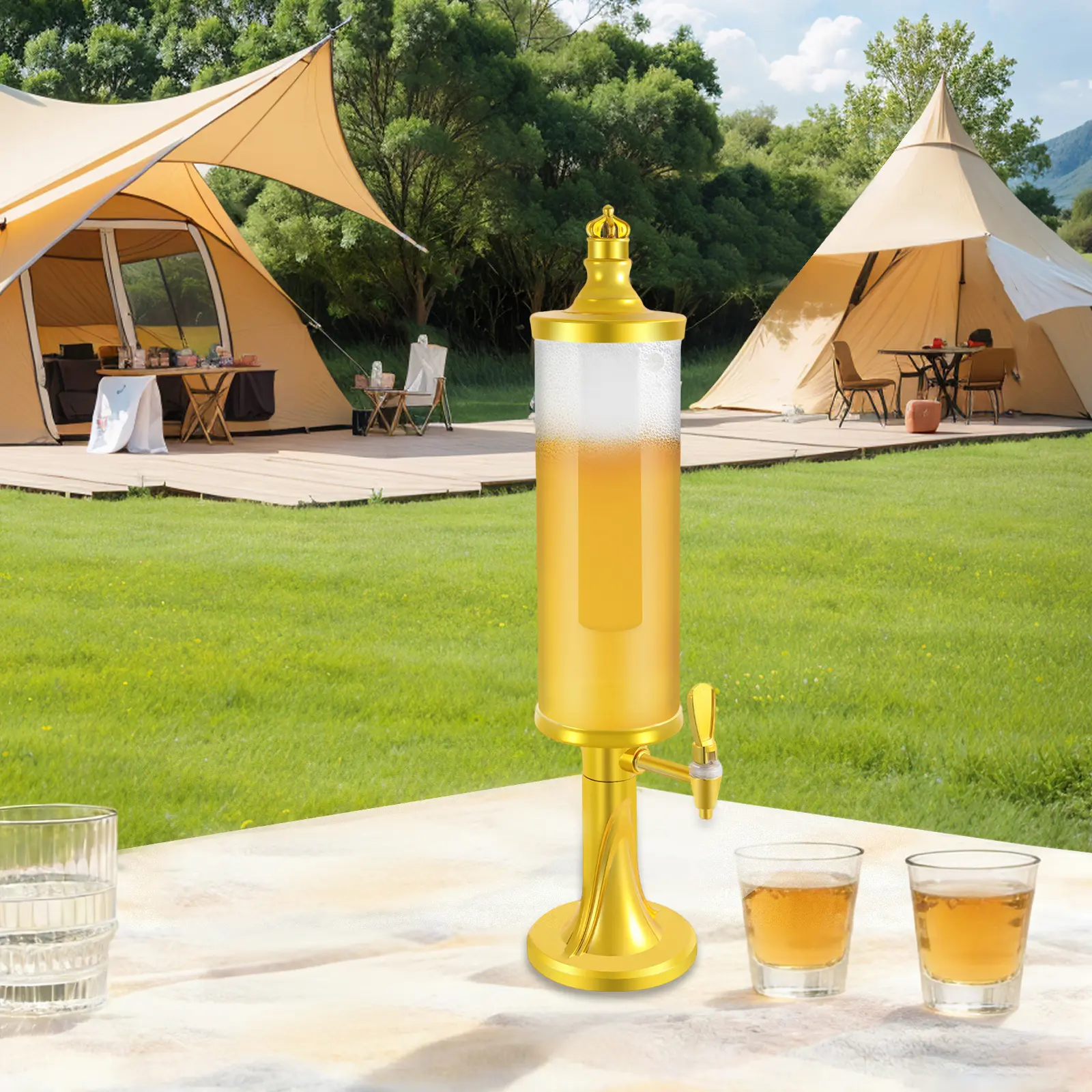 3L Gold Beer Tower Dispenser with LED for Party BBQ Campervan Celebration Use