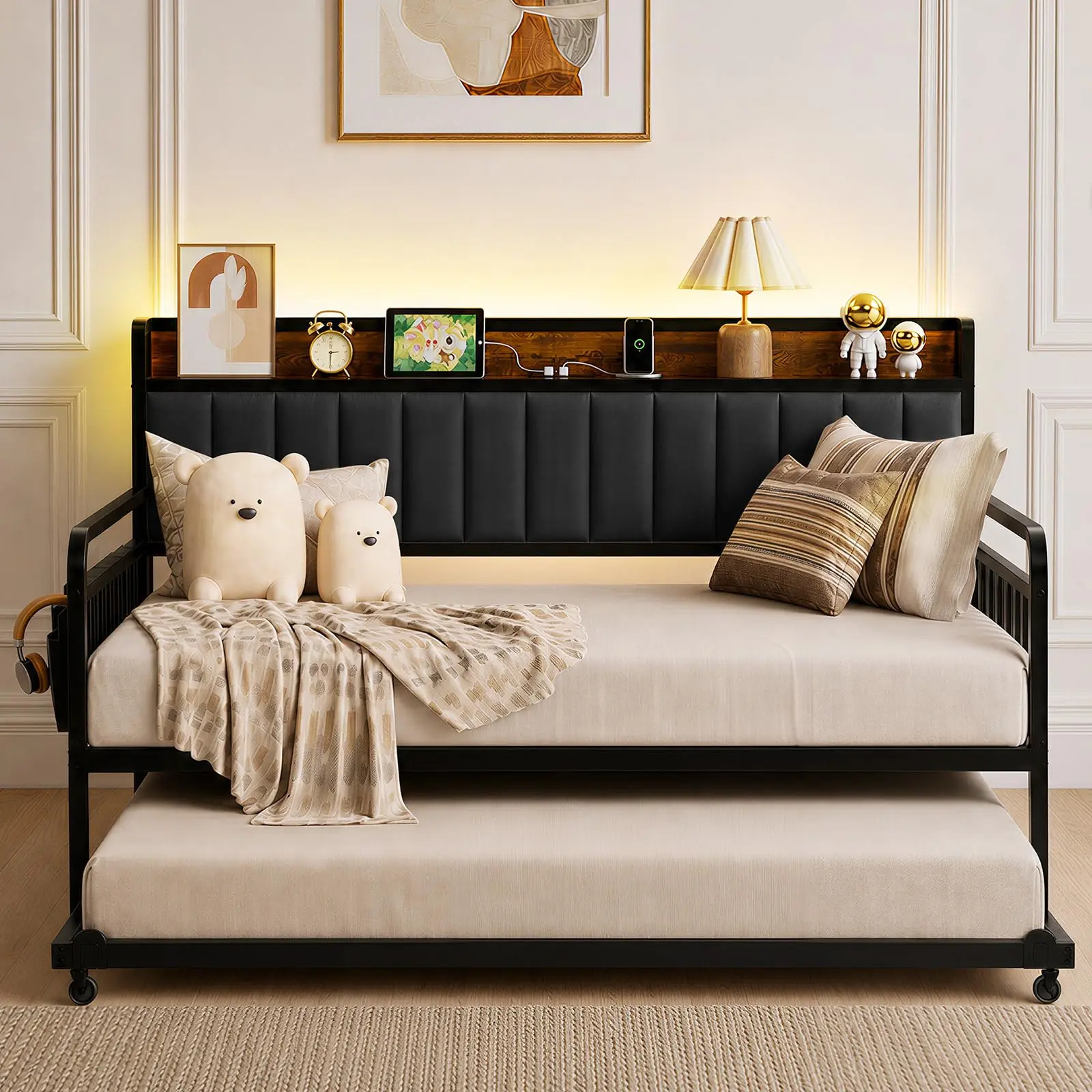 Twin/Full Metal Frame Daybed with Trundle, LED Lights, Vintage Brown/Black Finish for Bedroom