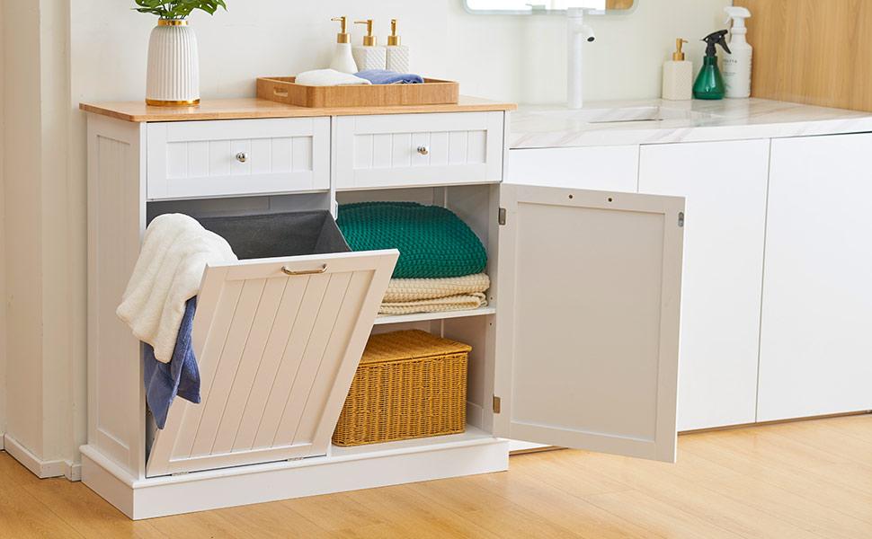 【Does Not Include Trash Can】AHB 13 Gallons Tilt Out Trash Cabinet Free Standing Recycling Trash Cabinet with Hideaway Drawers Pet Proof Trash Can Cabinet for Kitchen Living Room Storage Furniture Space Saving Multifunctional Design Modern Design