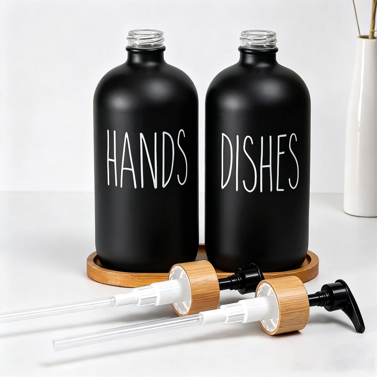 Hand and Dish Soap Dispenser Set with Bamboo Tray, 16oz/500ML Glass Bottles, Luxury Minimalist Farmhouse Decor for Kitchen