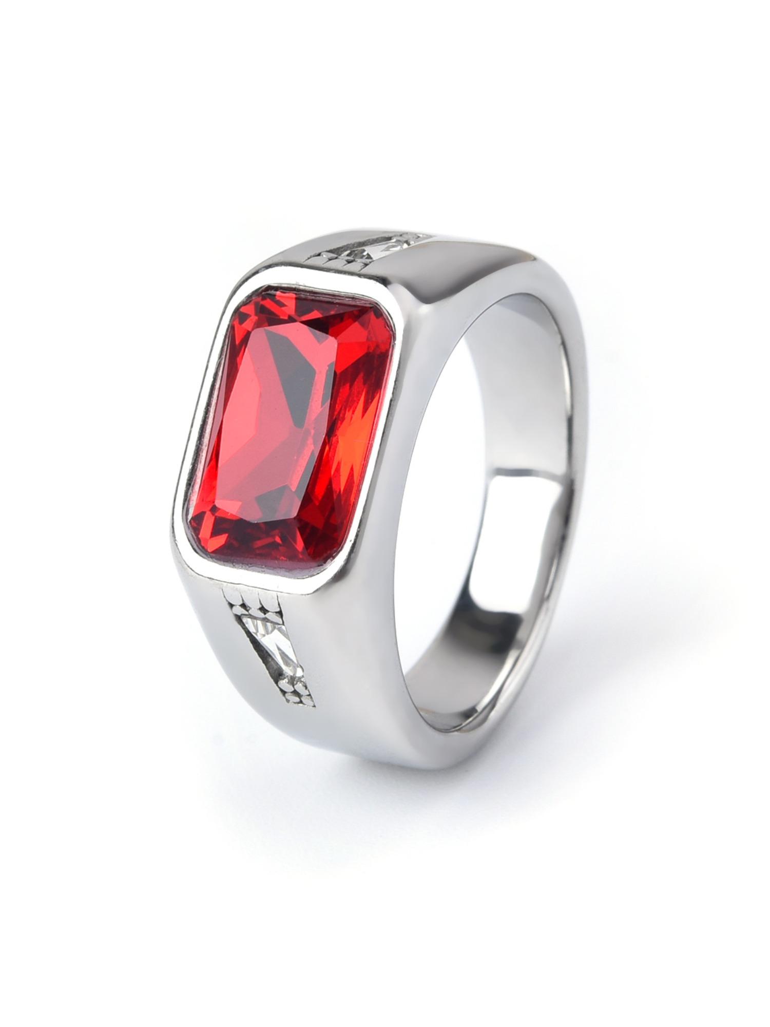 Men's Casual Stainless Steel Ring, Red Corundum Gemstone Accent, Minimalist Design Showcases Personality