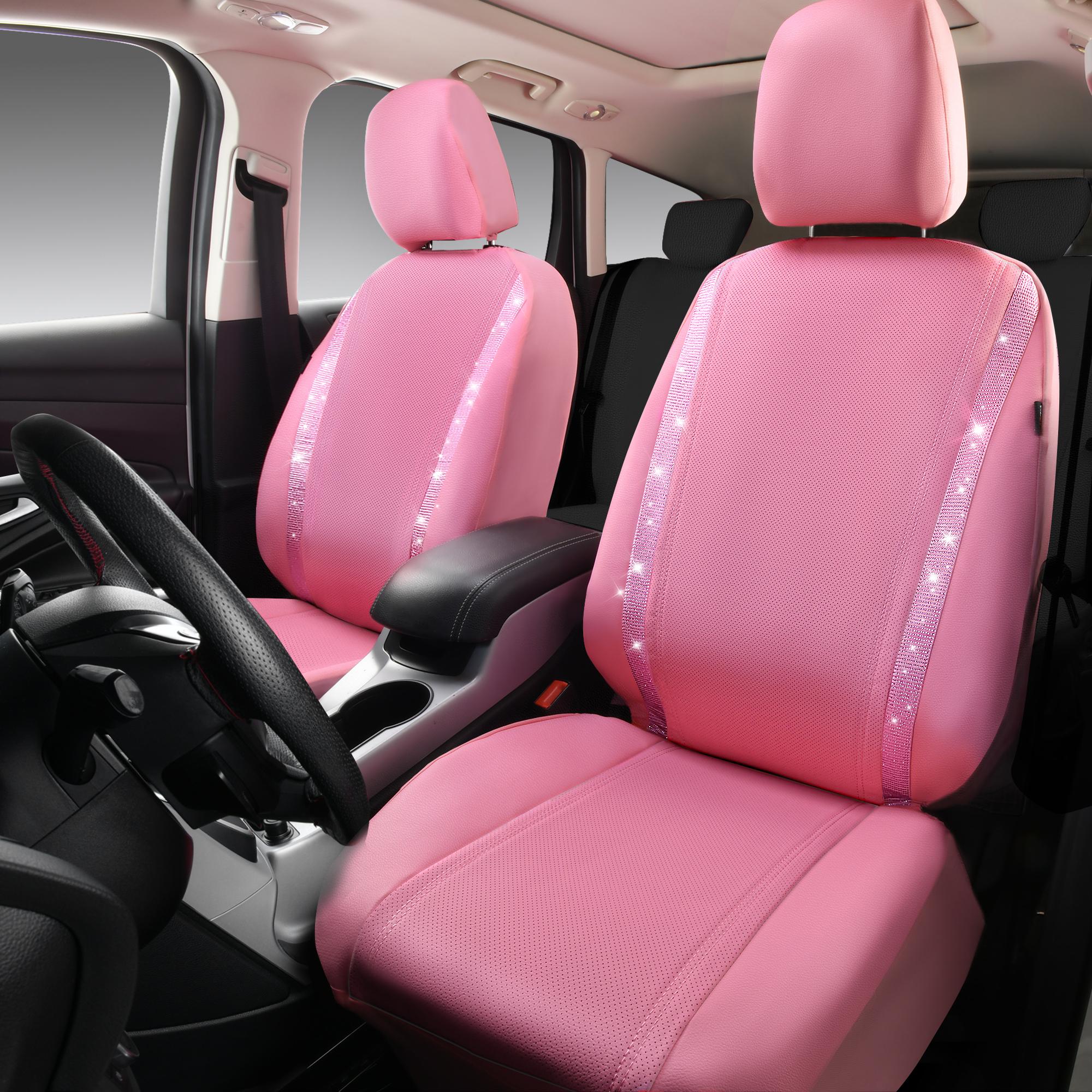 CAR PASS Bling Car Seat Covers,Shining Rhinestone Waterproof Faux Leather Pink Accessories Universal Fit Auto Glitter Crystal Sparkle,Cute Women Girl