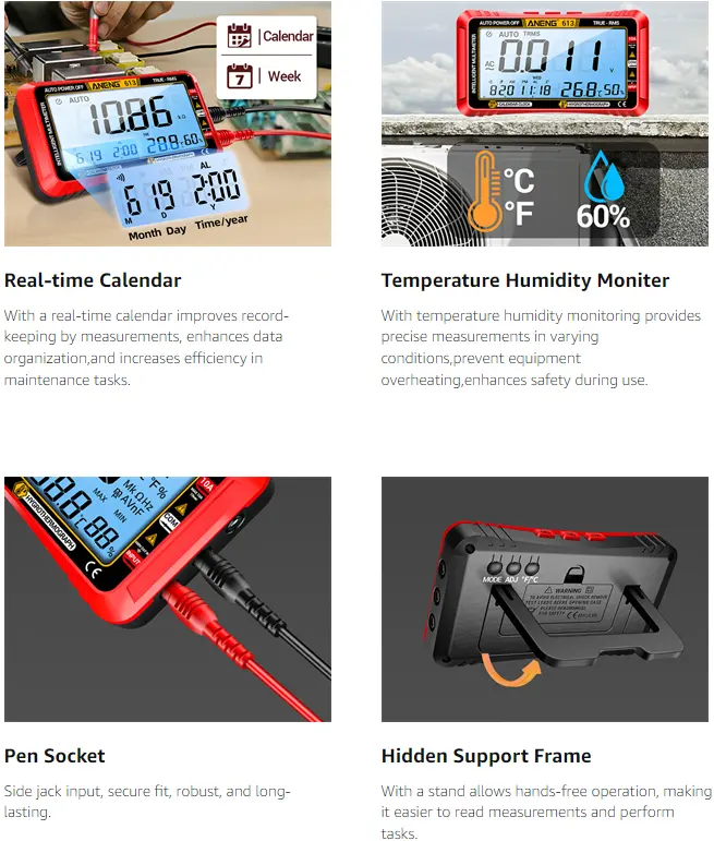Digital Multimeter Tester - 4000 Counts Auto-Ranging TRMS Volt Meter with Large LCD, 2*Meter Pen, 1*Instruction Manual for DIY Projects, Measures AC/DC Current, NCV, Voltage, Resistance, Diode, Continuity, Capacitance, Temperature (Red), Alarm Clock, Cale