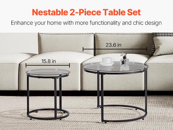 VEVOR Nesting Coffee Table Set of 2, 23.6 in Round Coffee Table, Glass Nesting Tables for Small Place, Modern End Side Tables Night Stand with Metal Frame, for Living Room, Bedroom, Balcony, Office