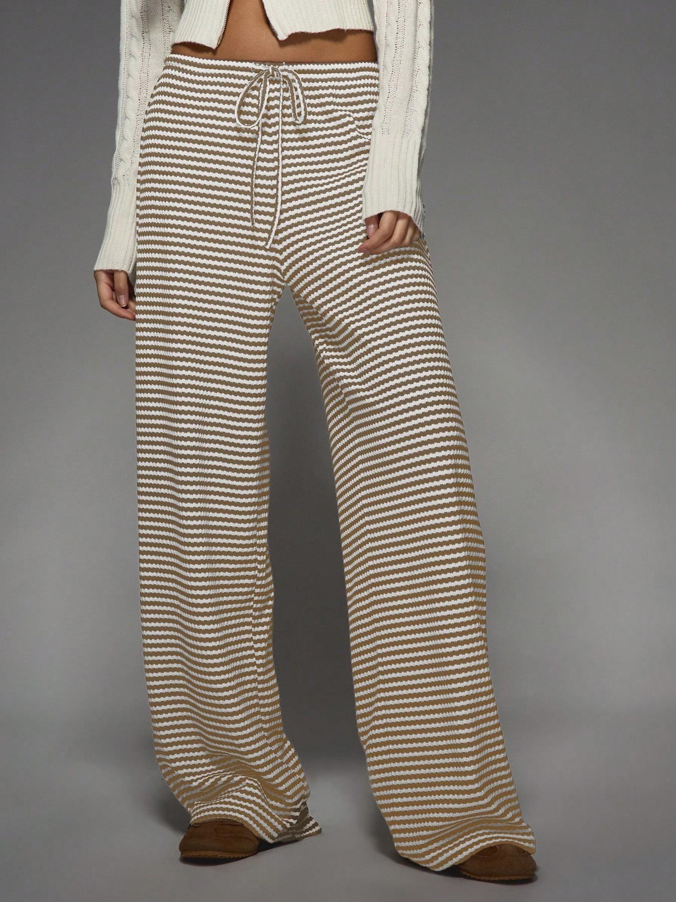 Striped Drawstring Knit Casual Wide Leg Pants, Comfortable Relaxed Fit Trousers for Everyday Wear, Perfect for Leisure Activities