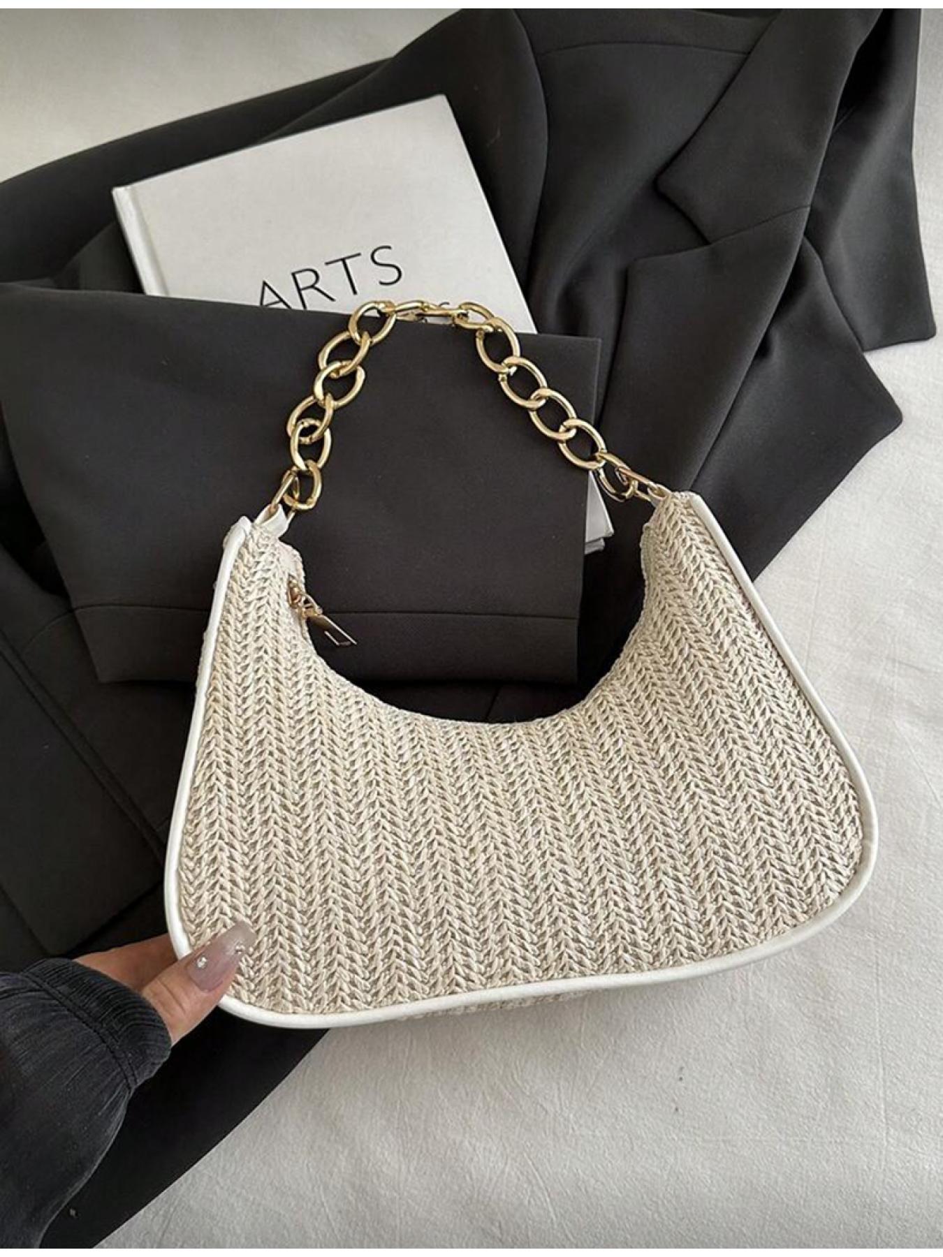 Summer Women Straw Handbag Crescent Shape Metal Chain Tote Beach Bag Casual Multi functional Crossbody Shoulder Bag