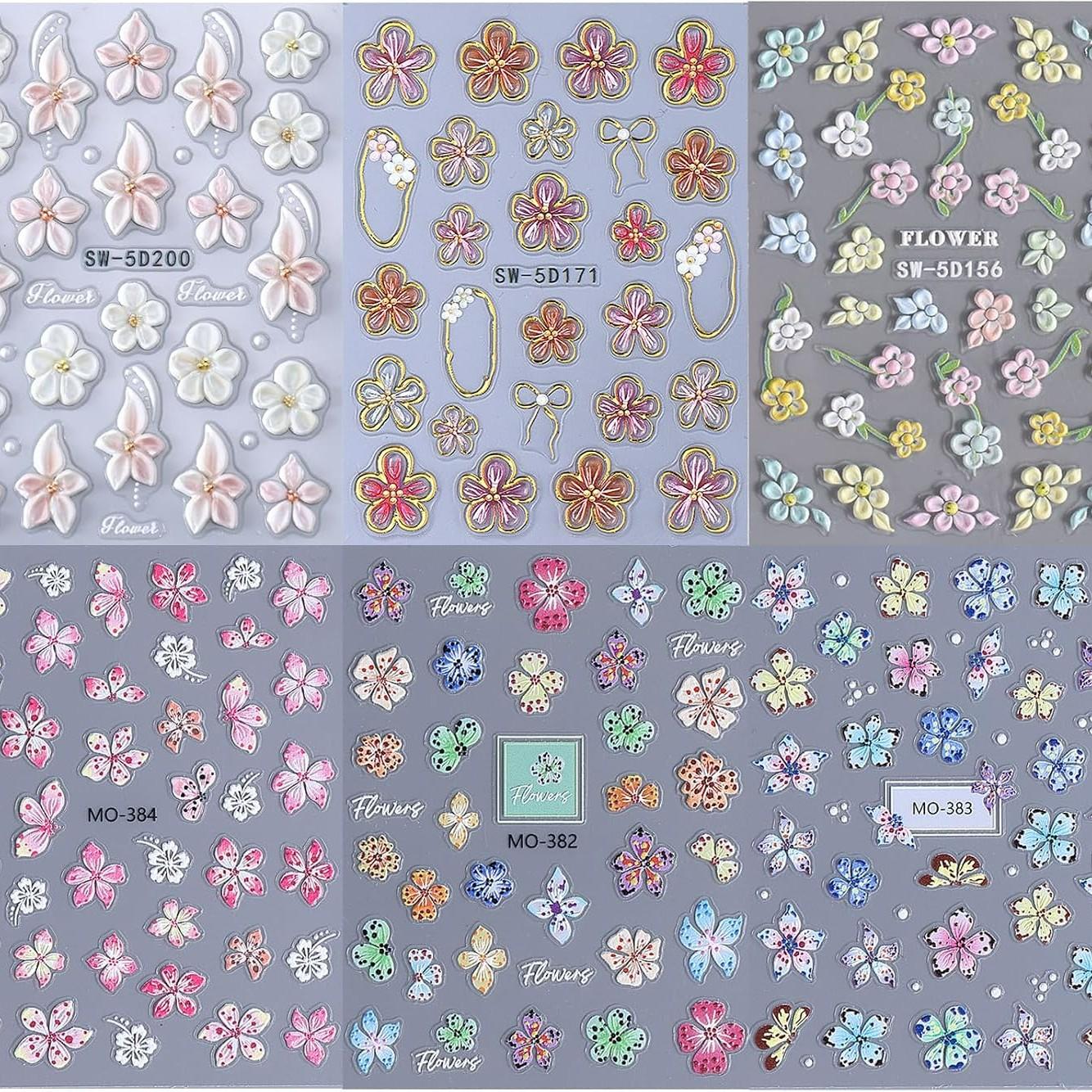6PCS 5D Flowers Embossed Hibiscus Nail Stickers, Self Adhesive Summer Spring Flower Nail Art Decoration for Women, White Pink Hawaiian Floral Petals Nail Art Decoration