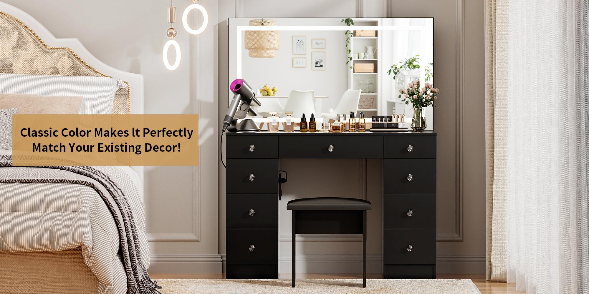 VOWNER 54'' Tall Makeup Vanity Desk with Lighted Mirror ,9 Drawers, Soft Cushioned Stool for Bedroom