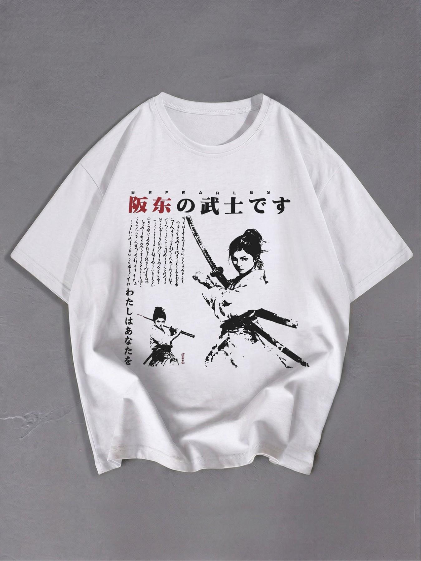Japanese Style Women's Samurai Print T-Shirt, Streetwear Aesthetic Loose Fit, Long Sleeve Top Without Zipper, Perfect for Casual Wear
