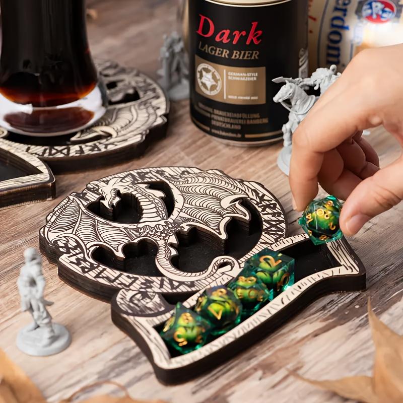 Wooden D&d Dice Cup Mat, Holds 7 Polyhedral Dice, Classic Rpg Dragon Icon, Durable Game Accessory, Perfect Gift for Gamers, Bar Kitchen Home Use