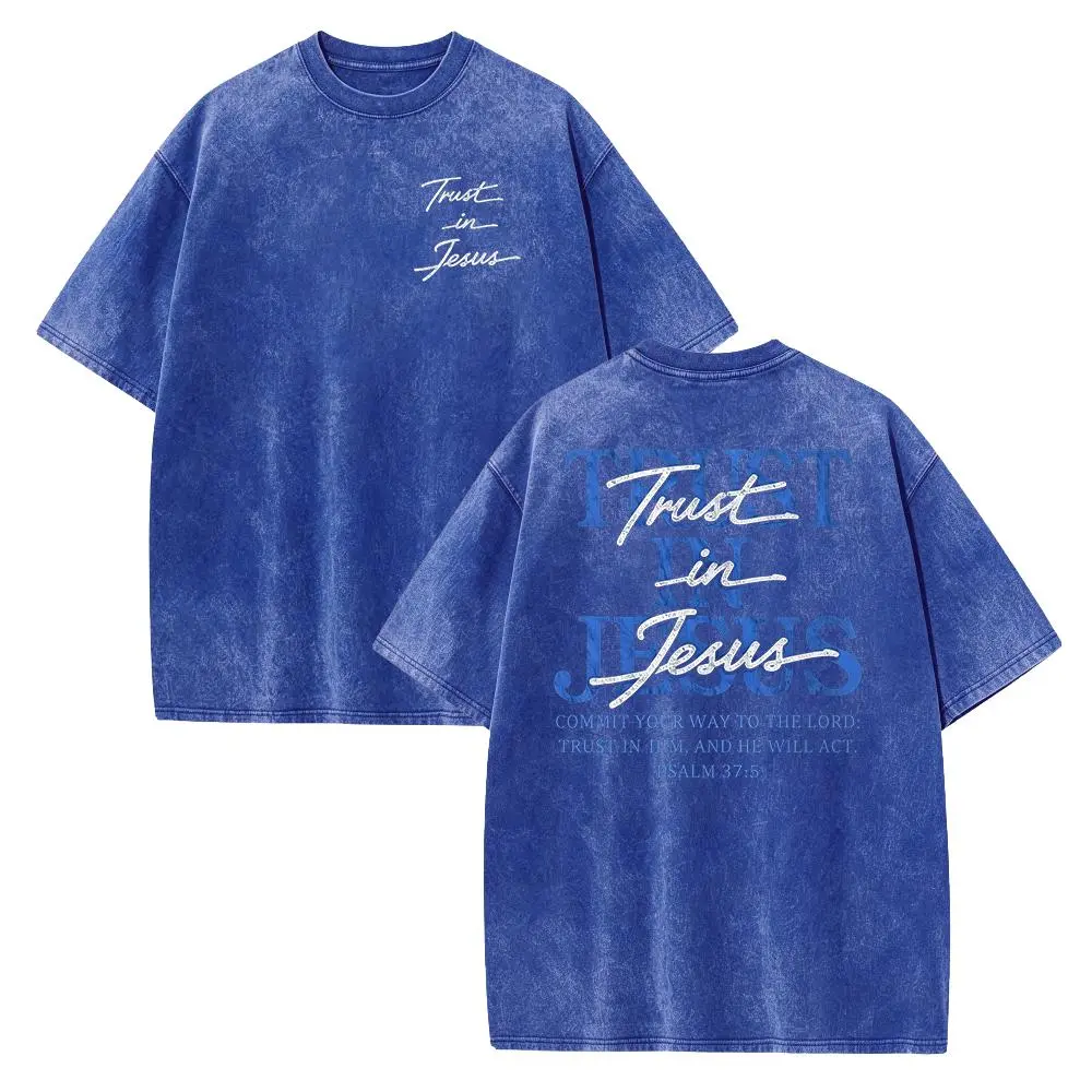Christian Washed Oversized Tee, "Trust in Jesus" Psalm 37:5 Bible Verse Design, Faith-Based Gift for Men & Women