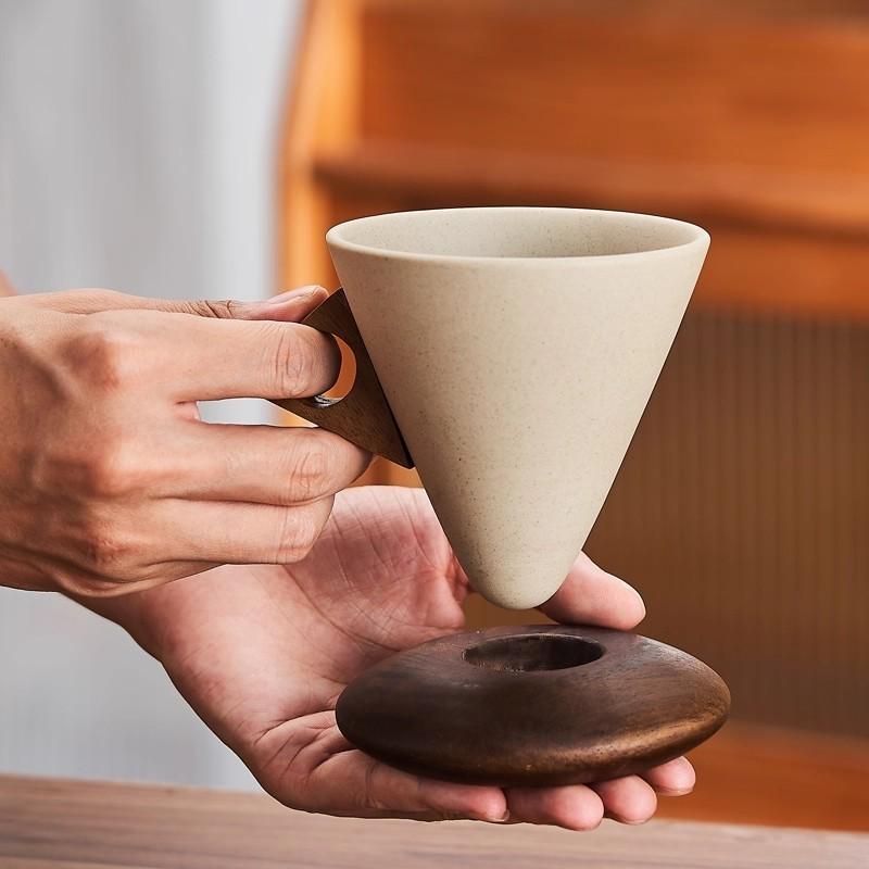 250ML Handmade Ceramic Coffee Cup, Wide Mouth Latte Mug with Heat-Resistant Wooden Handle, Ideal for Home & Office, Perfect Gift