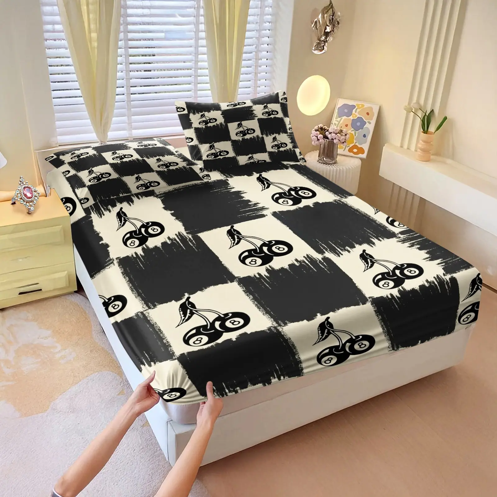 3pcs Y2k Cherry No. 8 Ball Pattern Fitted Sheet Set, Stylish Retro Checkerboard Print Bedding Set, Soft And Comfortable Microfiber Sheets, Suitable For Bedroom Home Decor, All Seasons, Includes 2 Pillowcases, Pillow Inserts Not Included.
