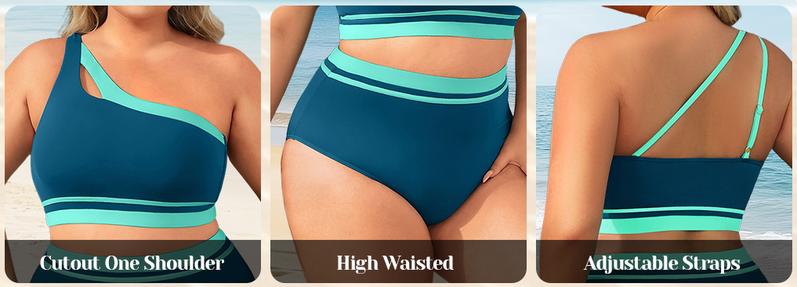 Aqua Eve Women Plus Size High Waisted Bikini One Shoulder Two Piece Swimsuit Color Block Bathing Suits