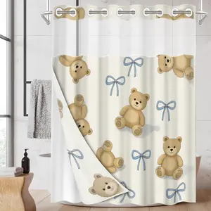 1pc 2D Flat Printing hookless shower curtain hanger liner Bear Bow Pattern Fabric waterproof lining shower curtain with transparent window, double-layer shower curtain, 71 x 74 inches, modern home curtain decoration