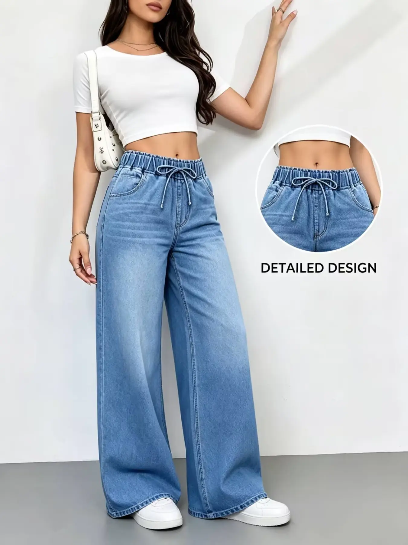 Women's Casual Adjustable Stretch Waist Drawstring Denim Jeans Wide Leg Long Pants, Comfortable & Stylish Design, Perfect for Daily Wear