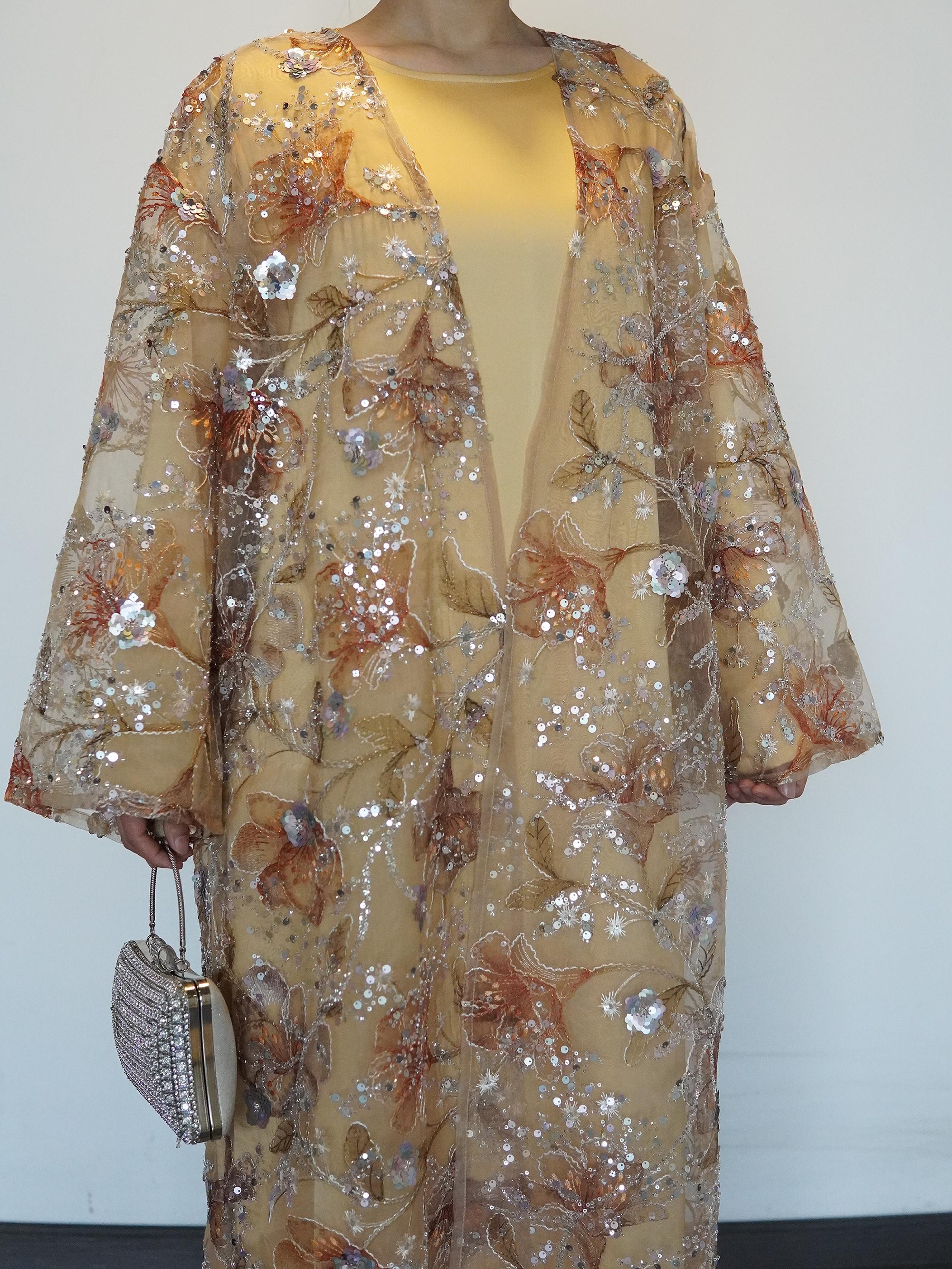 Women's 2-Piece Embroidered Flower Beaded Sequins Open Abaya and Satin Lined Dress Set (Open Abaya + Inner Dress)